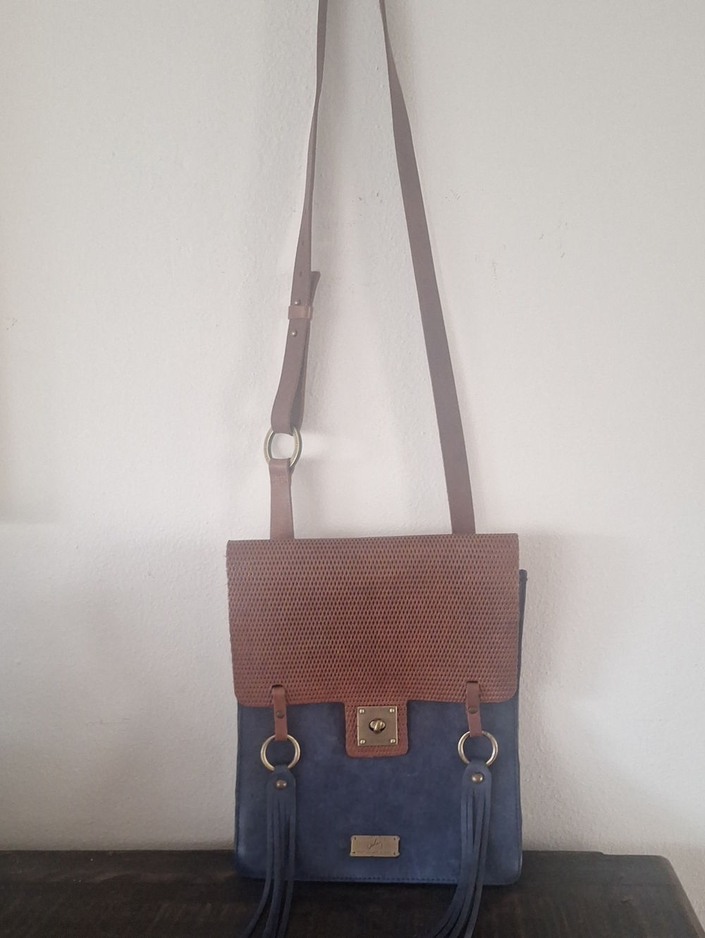 Designer Velez Handcrafted Leather Brown & Blue Men's Messenger Bag with Tassels